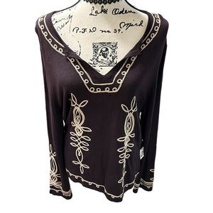 NWT Max Studio V Neck Brown Tunic with Embroidery Details Sz L/XL